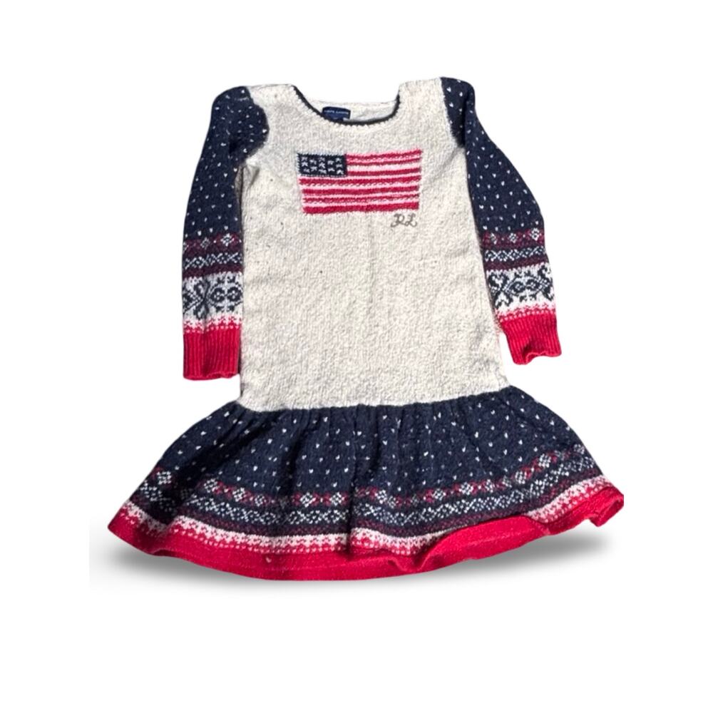 Ralph Lauren Girls Fair Isle American‎ Flag Knit Sweater Dress Size 6X Classic
